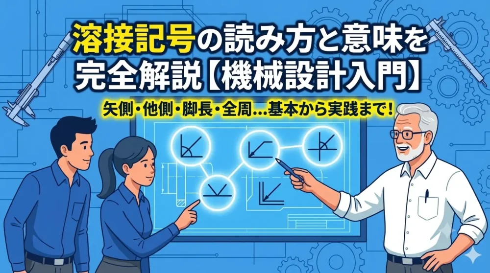 「溶接記号の読み方と意味を完全解説【機械設計入門】」と書かれた、設計図面の溶接記号を自信を持って読み解く3人のエンジニア（若手2人と熟練1人）が描かれた、初心者向け解説記事のアイキャッチイラスト。