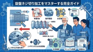 旋盤ネジ切りの戻し操作の手順を図解と実技で示す図