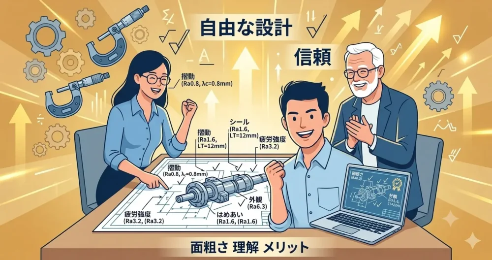 面粗さを理解し、根拠を持って自信満々に図面を書く設計チームのイラスト