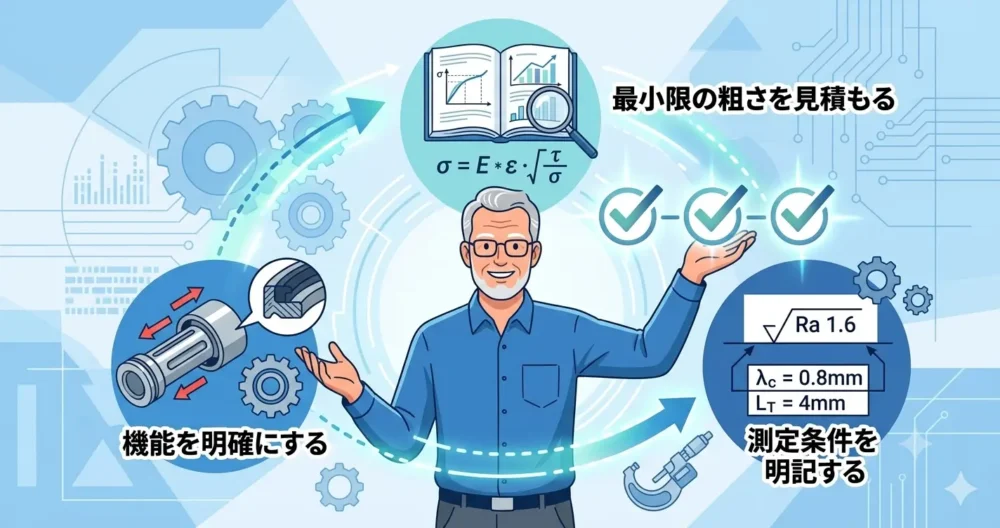 面粗さRaを正しく指示するための3つの解決策（機能明確化、最小粗さ見積もり、測定条件明記）を示すイラスト