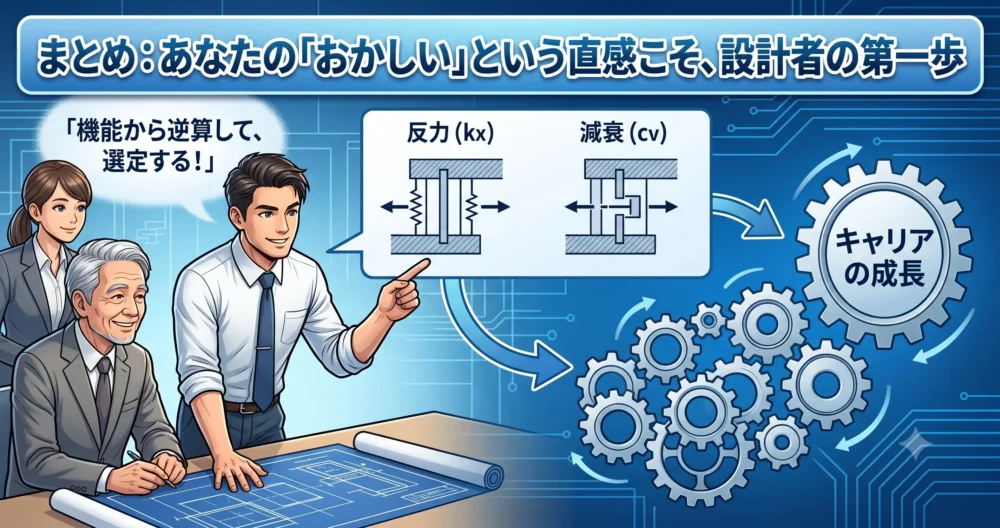 「ガスダンパー」の仕組みに関する混乱が解消され、疑問を突き詰める姿勢が設計者としての成長につながることを示す図解