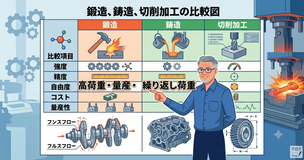 鍛造、鋳造、切削加工それぞれの特性、強度、コストなどを比較した表形式の図解。