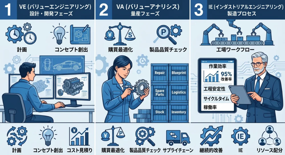 設計段階のVE、量産段階のVA、製造工程のIEという3つの手法の違いを、3つのセクションに分かれたタイムラインで表したイラスト
