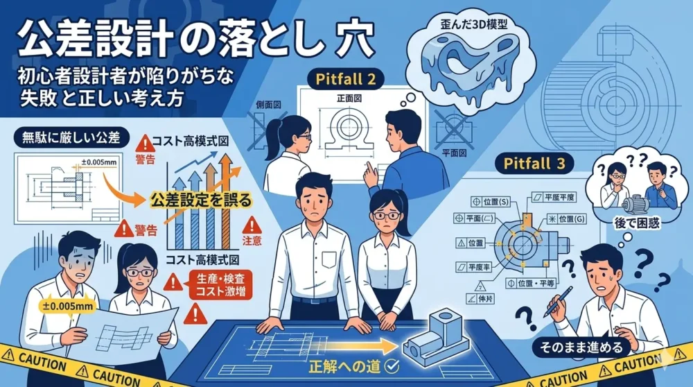 公差の勘違い、三面図の確認不足、わからない記号の放置という、初心者が図面読み方で陥りがちな3つの落とし穴と注意点のイラスト。