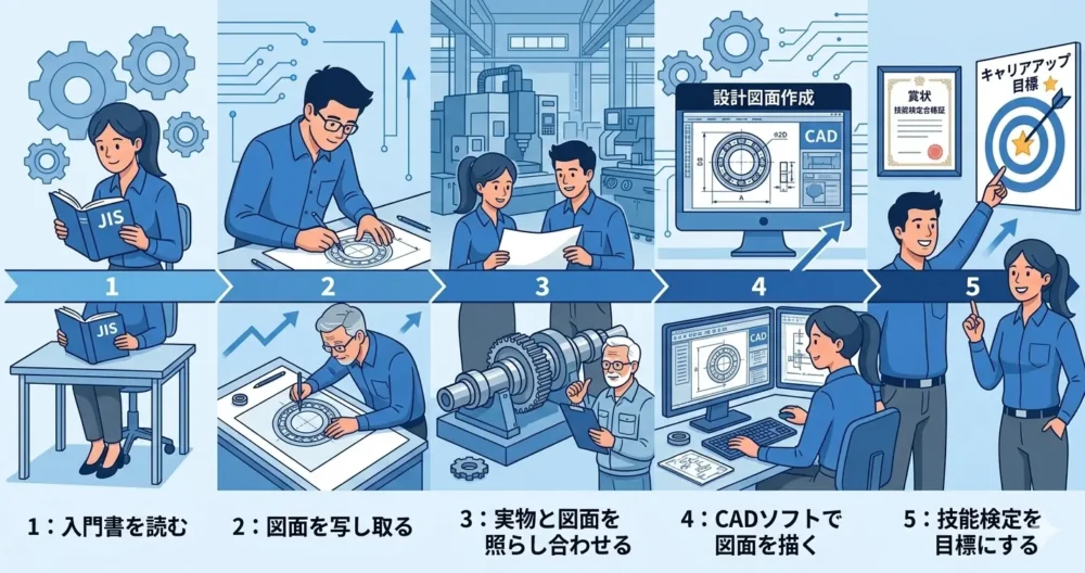 入門書、図面の写し取り、実物との照らし合わせ、CADでの描画、資格取得という、図面読み方の具体的な実践アクションプランを進める設計士たちのイラスト。