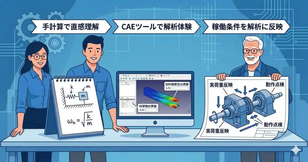 初心者、CAE初学者、実務設計者がそれぞれのステップ(手計算、FreeCADでの解析、稼働条件の反映)に前向きに挑戦している様子を描いた、行動を促すイラスト。