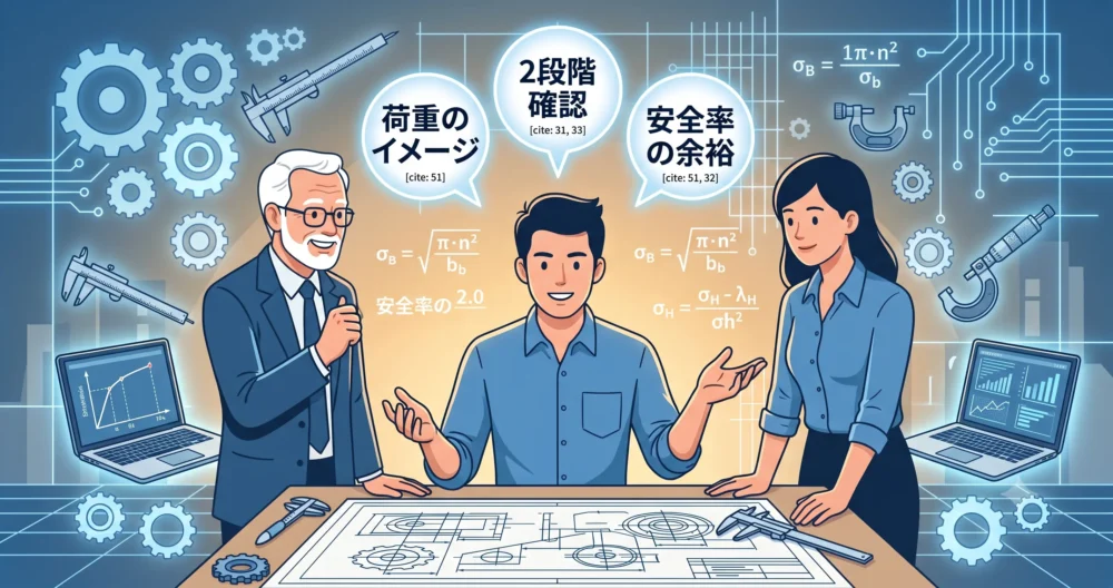 計算を繰り返すことで設計者の勘が育ち、自信を持って説明できる姿を描いたイラスト 検索クエリ: 設計力 鍛える 方法, 機械設計 勘 育てる, 強度計算 なぜ必要, 設計者 キャリア 相談
