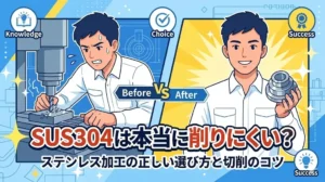 ステンレス切削加工のコツを、初心者向けに図解で解説するブログ記事のアイキャッチ画像。タイトルは「SUS304は本当に削りにくい？ステンレス加工の正しい選び方と切削のコツ」。