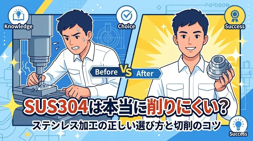 ステンレス切削加工のコツを、初心者向けに図解で解説するブログ記事のアイキャッチ画像。タイトルは「SUS304は本当に削りにくい？ステンレス加工の正しい選び方と切削のコツ」。