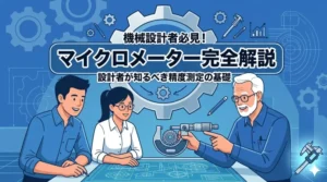 ベテラン設計者が若手設計者にマイクロメーターの使用方法を説明する、記事「マイクロメーター完全解説」のアイキャッチイラスト