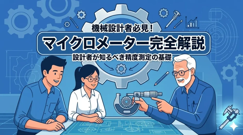 ベテラン設計者が若手設計者にマイクロメーターの使用方法を説明する、記事「マイクロメーター完全解説」のアイキャッチイラスト
