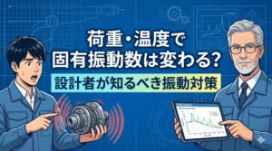 ブログ記事『荷重・温度で固有振動数は変わる？設計者が知るべき振動対策』のアイキャッチ画像。中央に大きくタイトル文字があり、左右で驚きと納得の表情を見せるエンジニアたちと、振動する部品のイラスト。