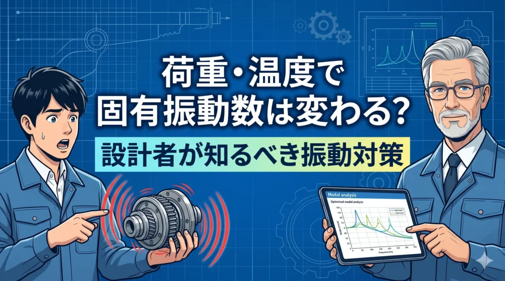 ブログ記事『荷重・温度で固有振動数は変わる？設計者が知るべき振動対策』のアイキャッチ画像。中央に大きくタイトル文字があり、左右で驚きと納得の表情を見せるエンジニアたちと、振動する部品のイラスト。