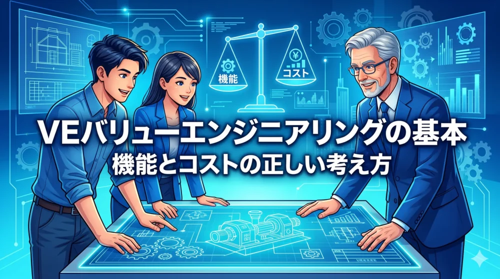 アイキャッチ画像：青い背景に「VEバリューエンジニアリングの基本」のタイトル文字。図面を前に議論する若手とベテランの設計チーム、そして価値の公式をイメージしたグラフィック