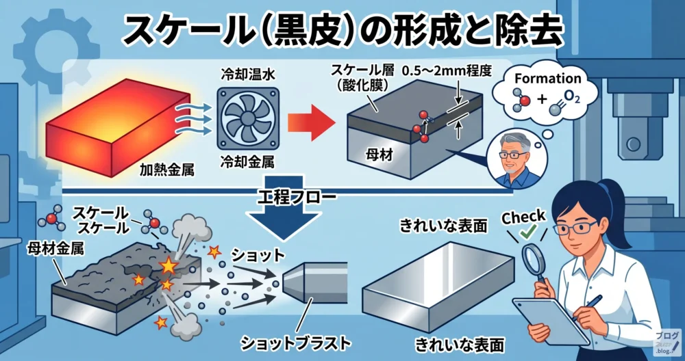 熱間鍛造時に形成される「スケール（酸化膜）」と、その除去プロセスを説明する図解。