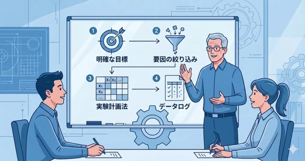 条件出しを成功させるための4つのステップ（目的明確化・因子絞り込み・実験計画）を話し合う設計チームのイラスト