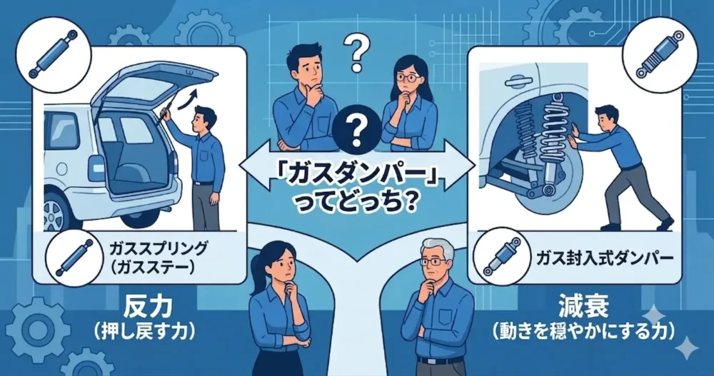 「ガスダンパー」という用語が、ガススプリングとダンパーの両方を指すため生じる混乱の図解