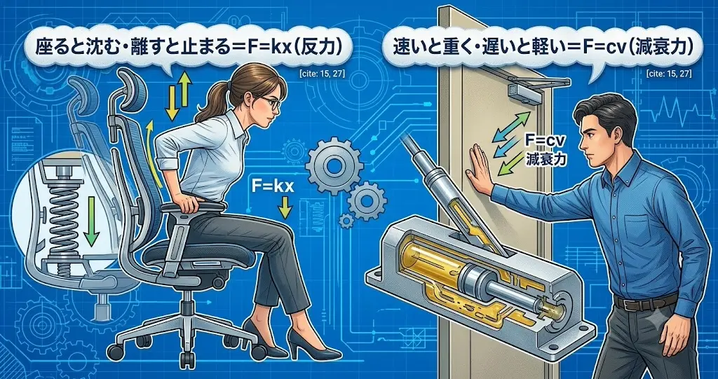 オフィスチェアとドアクローザーの例を用いて「ばね(反力)」と「ダンパー(減衰力)」のメカニズムの違いを分かりやすく体感・解説するテクニカルイラスト。左側では女性が椅子に座る動作でガススプリングの反力($F=kx$)を、右側では男性がドアを押す動作でクローザーの減衰力($F=cv$)をシリンダの内部構造図とともに表現している。