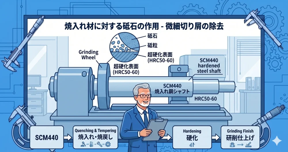 焼入れ後（HRC50-60）の硬化鋼を砥石で研削する工程。高精度シャフト製造フロー 。
