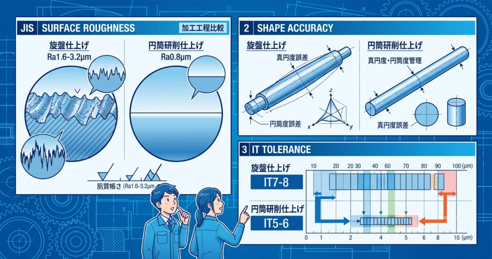 旋削仕上げと円筒研削仕上げの表面粗さと形状精度の比較図。IT公差の違い 。