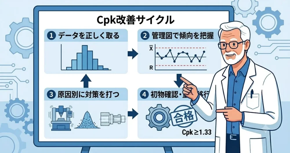 工程能力指数（Cpk）を改善するための4ステップ・フローチャート。「データ収集（ヒストグラム）」「管理図確認（X̄-R管理図）」「原因別対策」「初物確認・量産移行」のサイクル。
