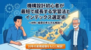 「機構設計初心者が最短で成長する学習法とインデックス選定術」のブログ記事アイキャッチ画像。悩む初心者エンジニアを導く先輩と機械要素のイラスト。