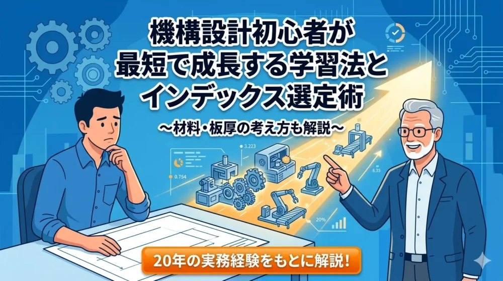 「機構設計初心者が最短で成長する学習法とインデックス選定術」のブログ記事アイキャッチ画像。悩む初心者エンジニアを導く先輩と機械要素のイラスト。