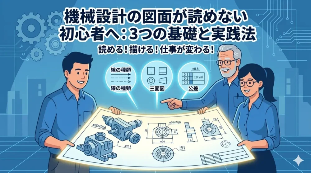 機械設計の図面が読めず悩む初心者に向けて、3つの基礎知識と実践的な学習法を解説するブログ記事のアイキャッチ画像。笑顔で巨大な図面を広げる若い設計士たちと、それを導くベテラン設計士のイラスト。