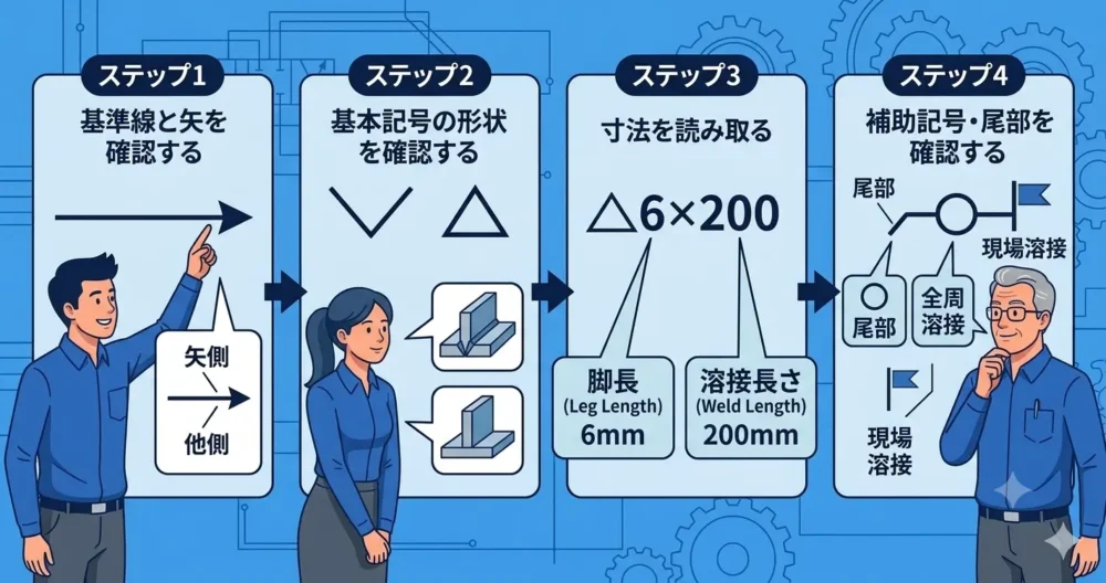 図面上の溶接記号を正しく読み解くための、基準線と矢の確認 、基本記号の形状 、寸法情報の読み取り(脚長・溶接長さ) 、補助記号と尾部の確認 という、4つの実践ステップを示すフローチャート図解。