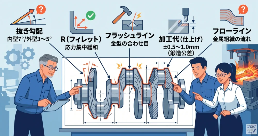 鍛造設計における5つの重要ポイント（抜き勾配、R、フラッシュライン、加工代、フローライン）をまとめた図解。