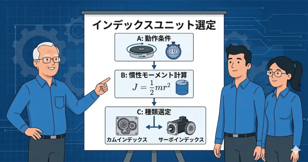 動作条件の確認、慣性モーメントの計算、種類選定というインデックスユニット選びの3つの基本ステップを説明する図解。