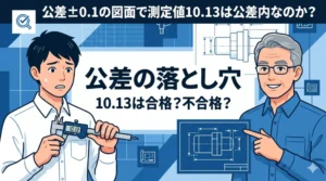 ブログアイキャッチ「公差設計の落とし穴：10.13は合格か不合格か？」の文字と、図面と測定値の判定ルールを学ぶ設計者たちのイラスト