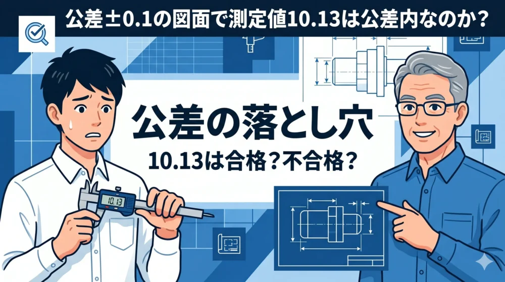ブログアイキャッチ「公差設計の落とし穴：10.13は合格か不合格か？」の文字と、図面と測定値の判定ルールを学ぶ設計者たちのイラスト