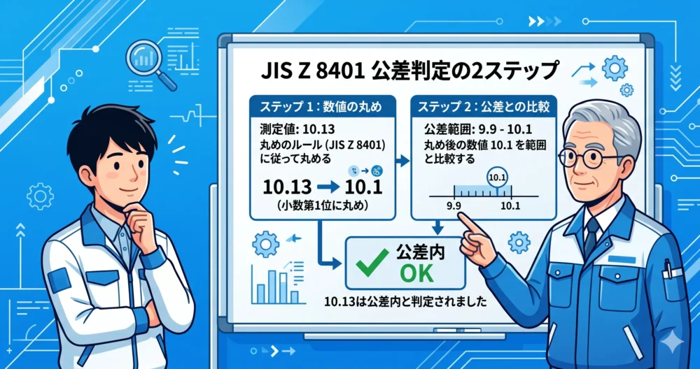 JIS Z 8401に基づき、測定値10.13を小数第1位の10.1に丸めて「公差内(合格)」と判定する2ステップのロジックを示すわかりやすいイラスト図解