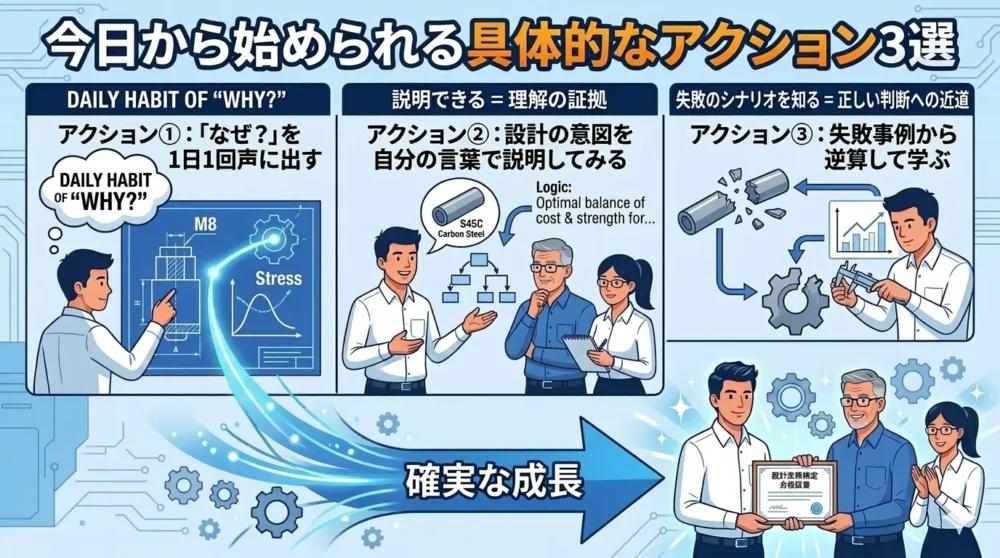 機械設計の初心者が今日から始められる3つの具体的な成長アクション（1.「なぜ？」の声出し、2.設計意図の説明、3.失敗事例からの学習）を示すイラスト風図解