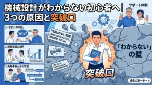 機械設計がわからない初心者設計者が抱える「地頭の悪さ」の誤解を解き、3つの本当の原因と突破口を示す成長のロードマップを描いたアイキャッチ画像