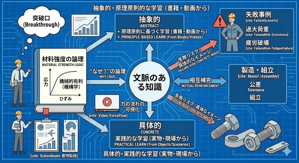 機械設計を独学する初心者のための3つの効果的なインプット方法（原理原則からの書籍選び、力の流れの動画学習、製造現場での実物確認）を示すイラスト風図解