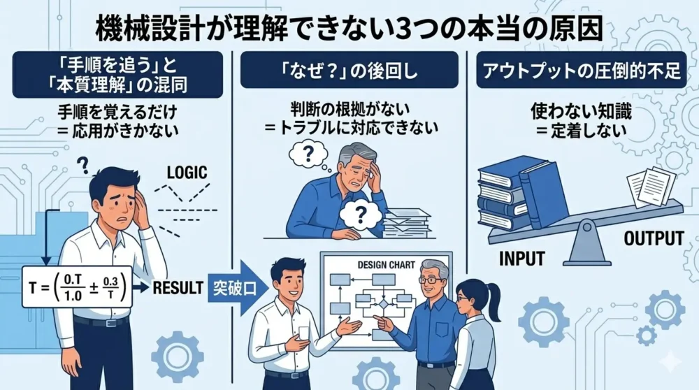 機械設計が理解できない初心者設計者が陥る3つの原因（手順の丸暗記、「なぜ？」の先送り、アウトプット不足）を示すイラスト風図解