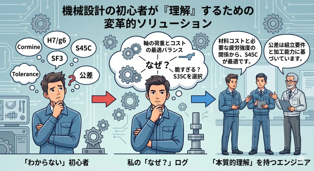 機械設計を「本当に理解する」ために、設計の結論（例: S45C）とその理由（例: 荷重・コスト）をセットで記録する「文脈のある知識」の構築プロセスを示すイラスト風図解