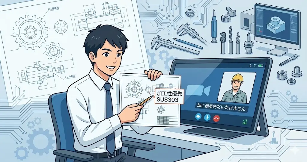 設計図面に「加工性優先SUS303」とメモを書き、加工業者と相談して代替提案を行う男性設計者のイラスト。