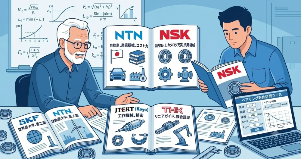 日本国内でよく使われる主要ベアリングメーカー（NSK, NTN, JTEKT, THK, SKF）の特徴と用途（汎用、自動車、工作機械など）を比較したイラスト。