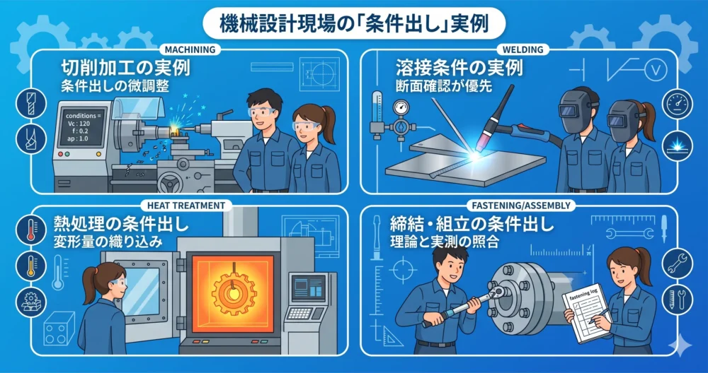切削加工、溶接、熱処理、締結といった様々な製造現場における条件出しの実例イメージイラスト