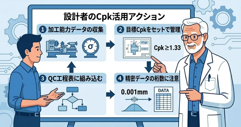 機械設計者がCpkを具体的に活用するための4つのアクションリストボード。シニア技術者が若い設計者に指導しており、各アクション（データ収集、目標管理、QC工程表、精密データ）のアイコンが含まれる。