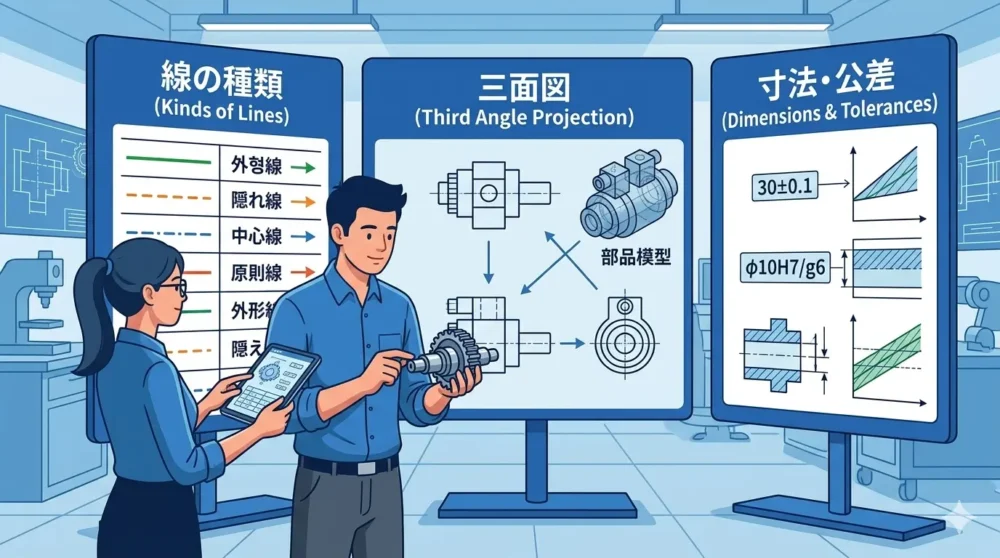 機械図面読解の3つの基礎知識(線の種類、三面図、寸法公差)を、実物部品や模式図を使って学ぶ初心者設計士たちのイラスト。