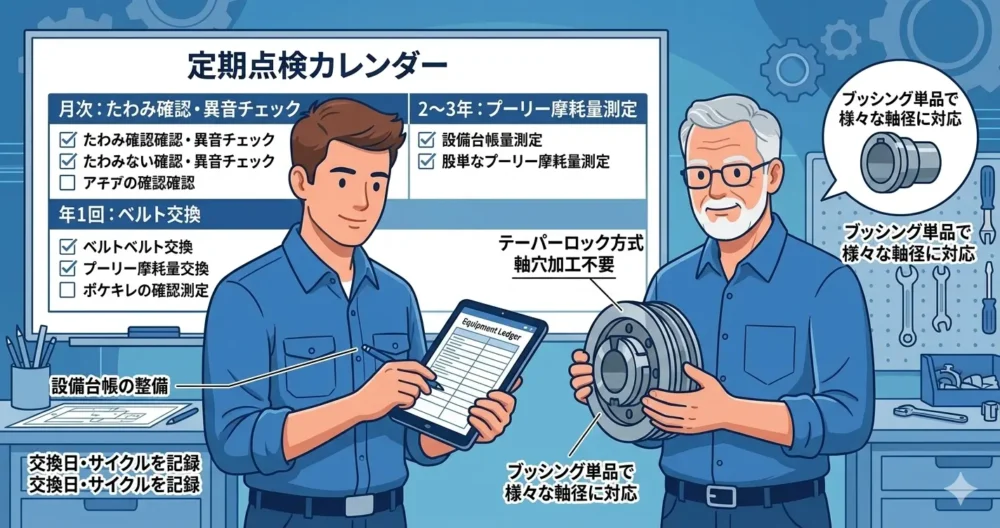 設備台帳の整備やテーパーロック方式の導入、定期点検など、Vベルト駆動のメンテナンス性を向上させる具体策を笑顔で実践するエンジニアたちのイラスト。