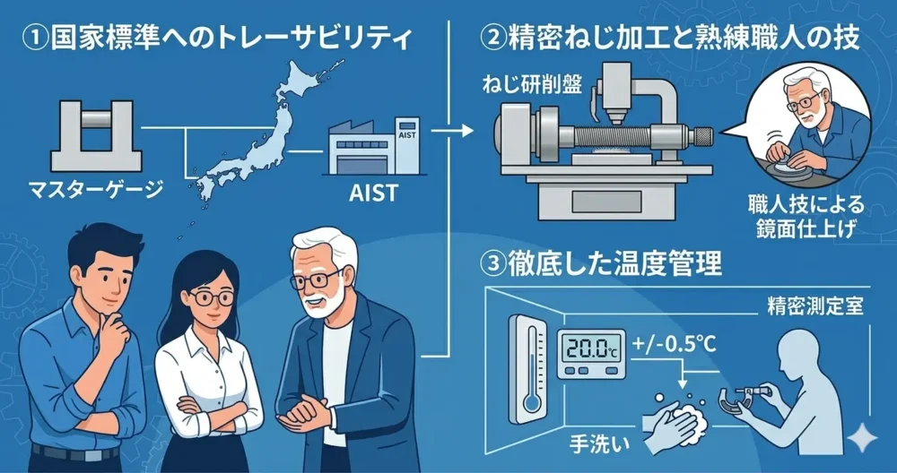 国家標準、精密ねじ研削、職人のラッピング、温度管理によるマイクロメーター製造工程のイラスト
