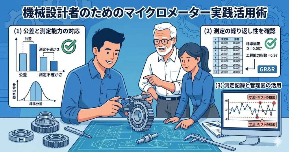 公差と測定不確かさの関係、MSA(測定システム解析)、管理図を用いた、機械設計者のためのマイクロメーター実践活用術のイラスト
