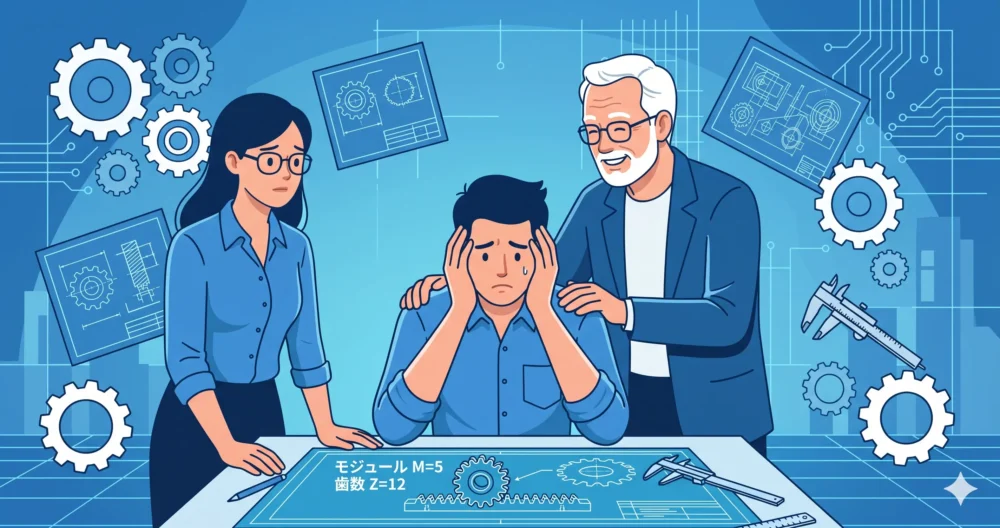 ピニオンラック機構の強度計算に不安を感じる若手設計者と、寄り添う先輩設計者のイラスト 検索クエリ: ピニオンラック 強度計算 不安, 機械設計 初心者 悩み, 歯車設計 トラブル