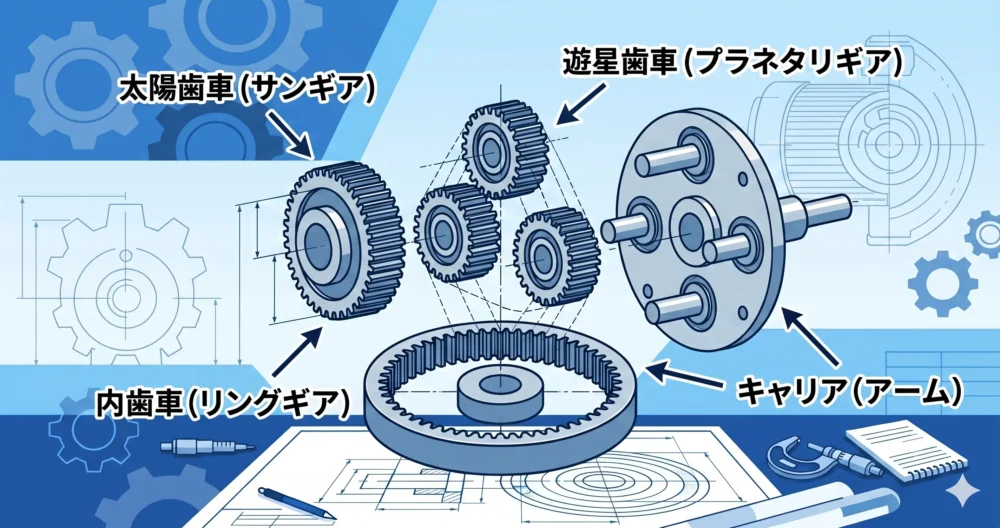 遊星歯車機構の基本構造である太陽歯車、遊星歯車、内歯車、キャリアを解説するイラスト