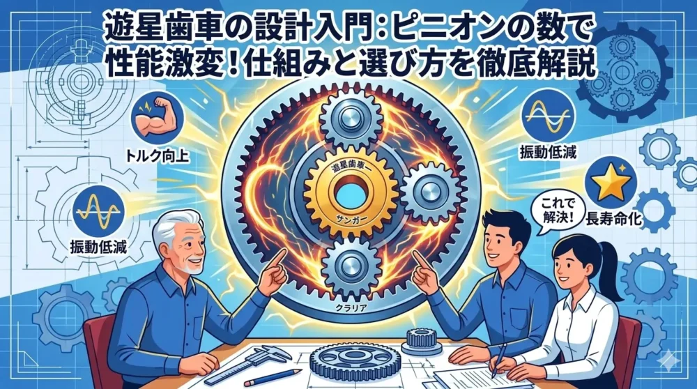 遊星歯車の設計におけるピニオン数の重要性を強調し、仕組みと選び方を解説する、誰もがクリックしたくなる魅力的なアイキャッチ画像